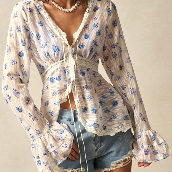 Multicolor Boho Women's Casual Woven V-Neck Bell Sleeve Printed Blouse - Picture 6 of 7